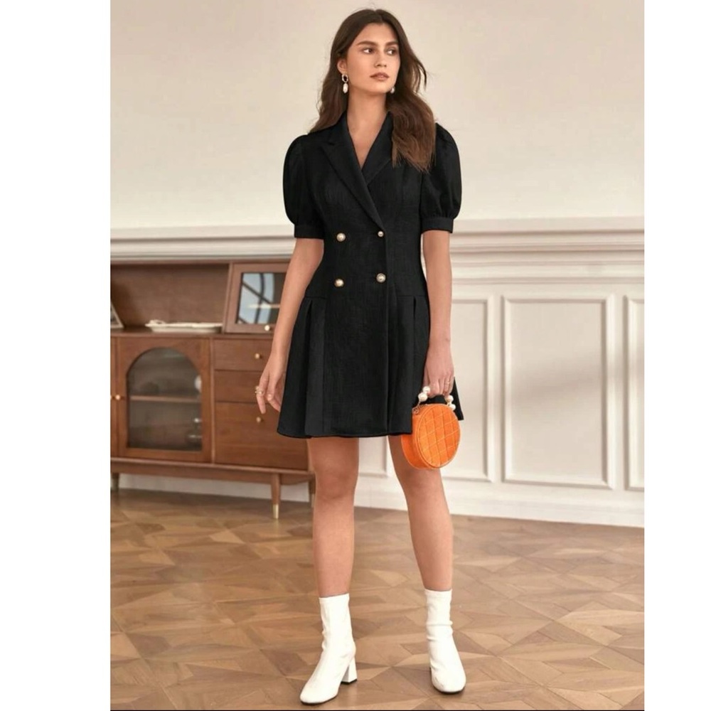 FRENCH PUFF SLEEVE DOUBLE BREASTED PLEATED HEM DRESS